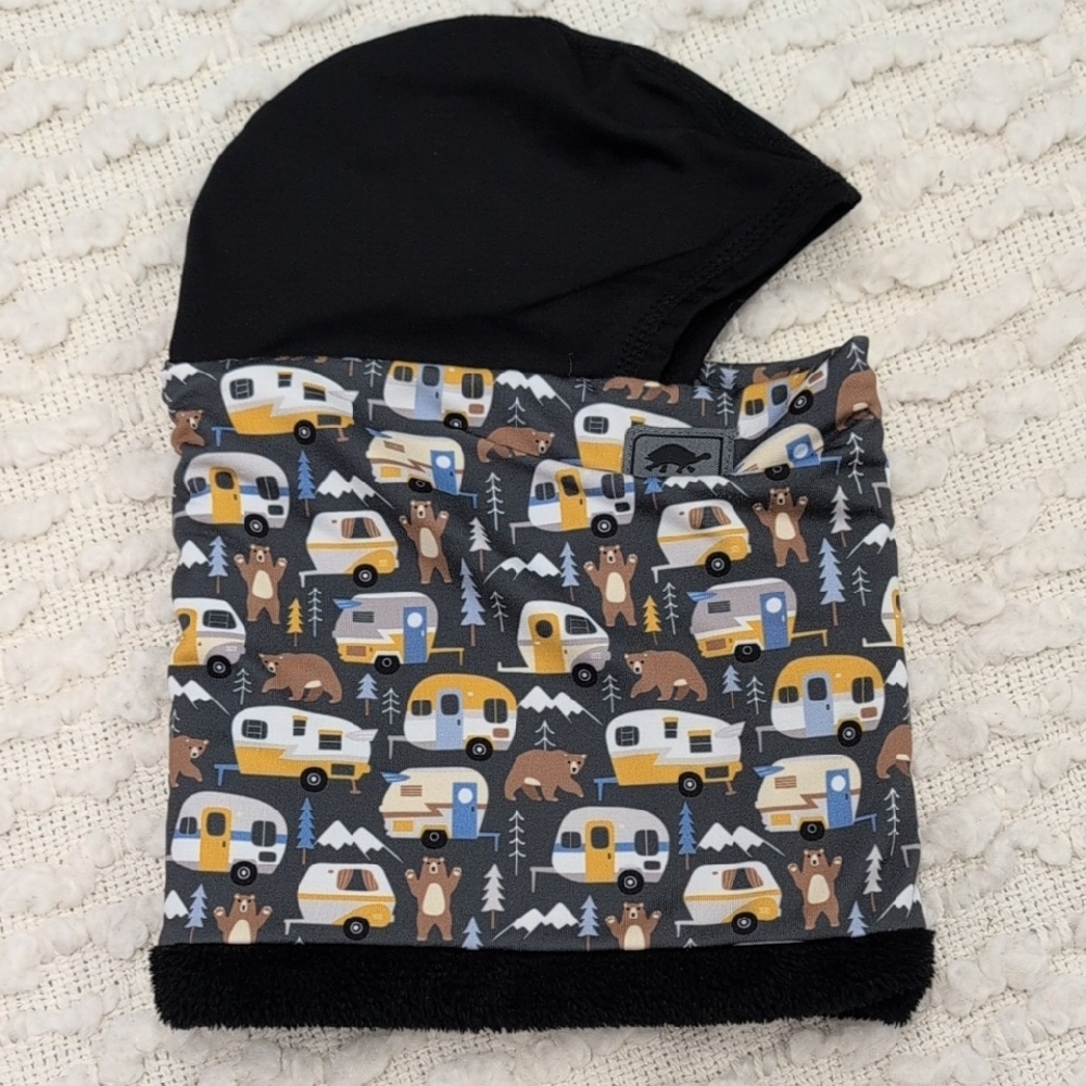 Kids Black and Gray Camper Print Neck Warmer Hood - Unbranded